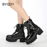 byqdy ankle boots for women chunky heel goth rivet belt buckle punk style woman motorcycle boots zapatos mujer light comfy