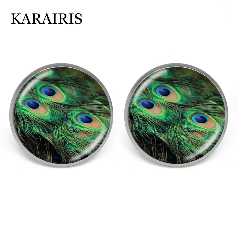 

KARAIRIS Charms Peacock Feather Stud Earrings Lovely Round Glass Crystal Women Girl Earring Fashion Jewelry Dress Accessory