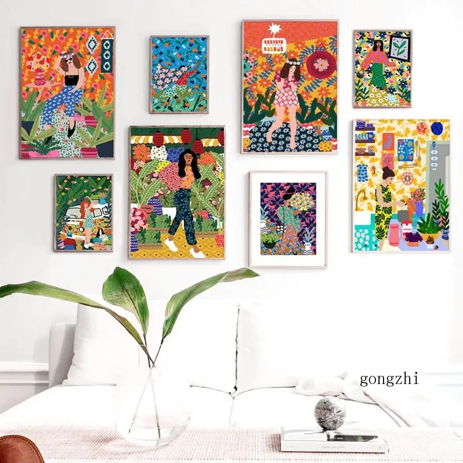 

Vintage Abstract Fashion Girl Canvas Painting Nordic Colorful Flower Plant Posters and Prints Wall Art Picture Living Room Decor