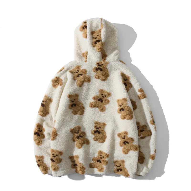 

Sudaderas Fashion Men's Lamb Wool Thicken Hoodies 2020 Autumn Winter Vintage Bear Print Hooded Pullover Couple Zip UP 3