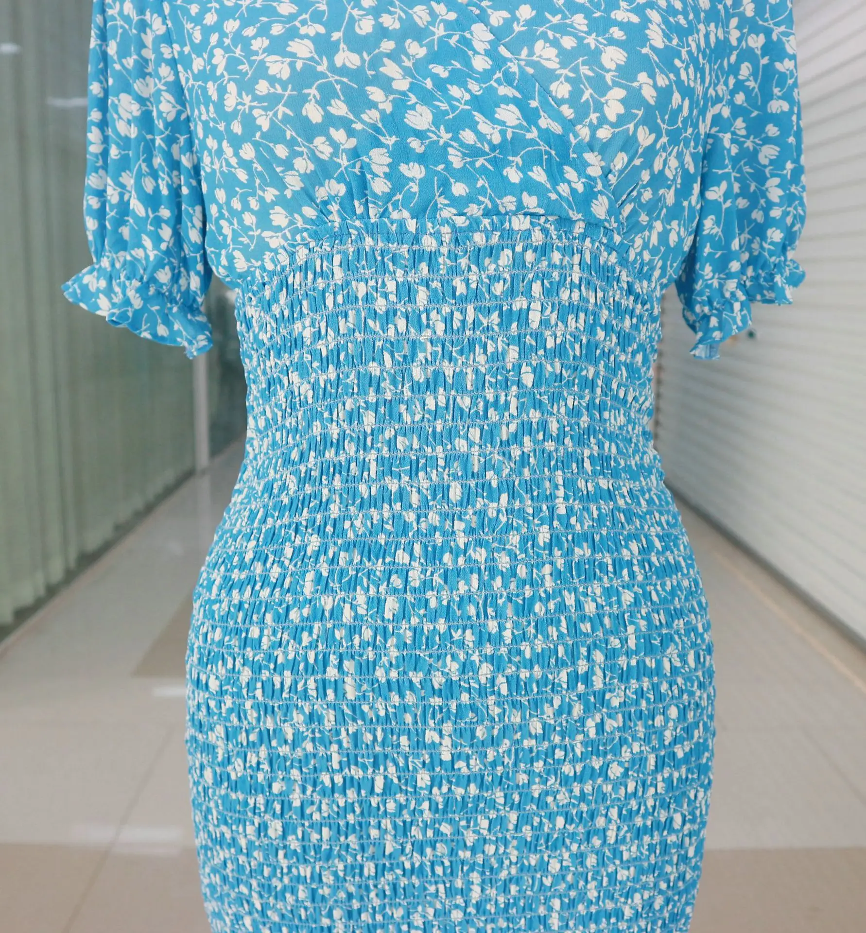 

Women Summer Long Dress 2021 New Short Sleeve Chic Deep V Neck Flower Printed Blue High Waist Female Midi Mermaid Dresses