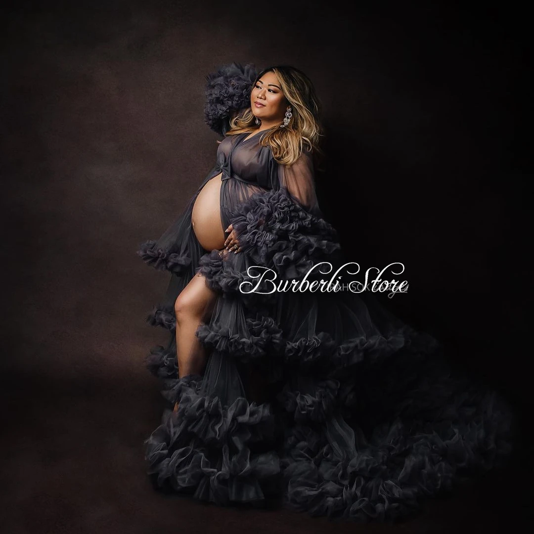 

Unique Dark Gray Tiered Tulle Maternity Dreses To Photo Shoot See Thru Flare Sleeves Pregnant Women Dress Long Robes Baby Shower