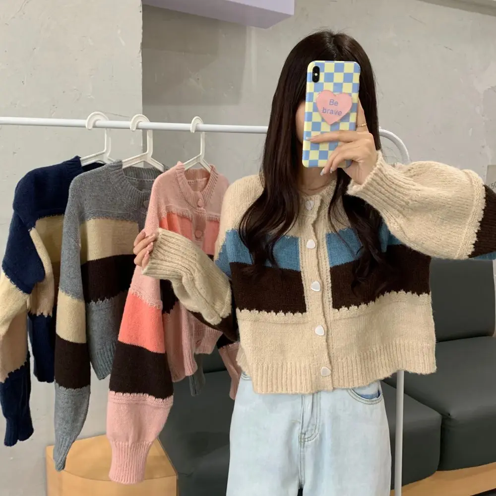 

Lazy Women's sweater Spring Autumn Outerwear Cardigan Casual Simple Korean Patchwork All-match Knitted Sweaters Female Tops