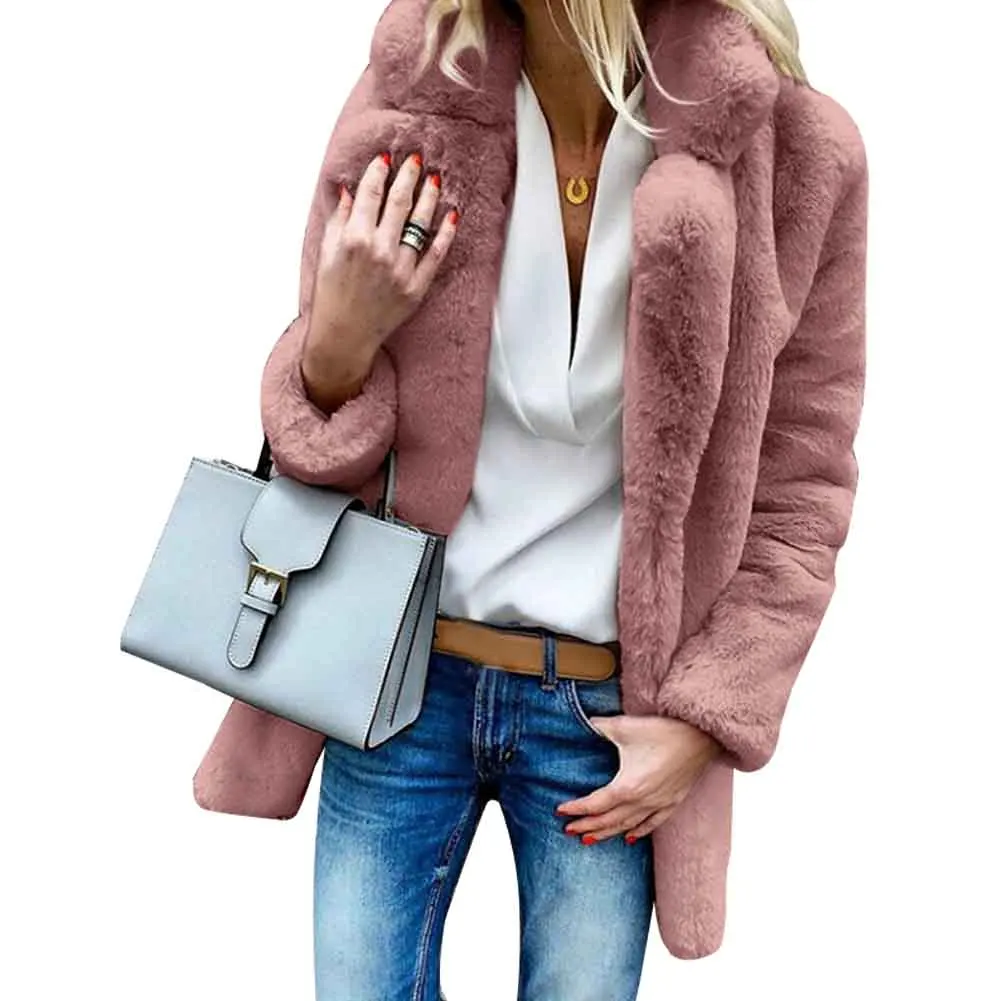 

Casual Warm Daily Lapel Neck Teddy Bear Long Sleeve Outerwear Artificial Fleece Fluffy Women Winter Coat Faux Fur Soft Solid