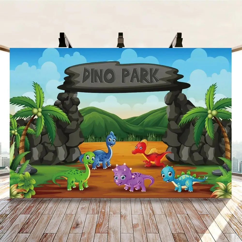 

Boy Birthday Cartoon Dinosaur Backdrop Dino Park Big Rock Door Party Newborn Baby Shower Photography Background for Photo Studio