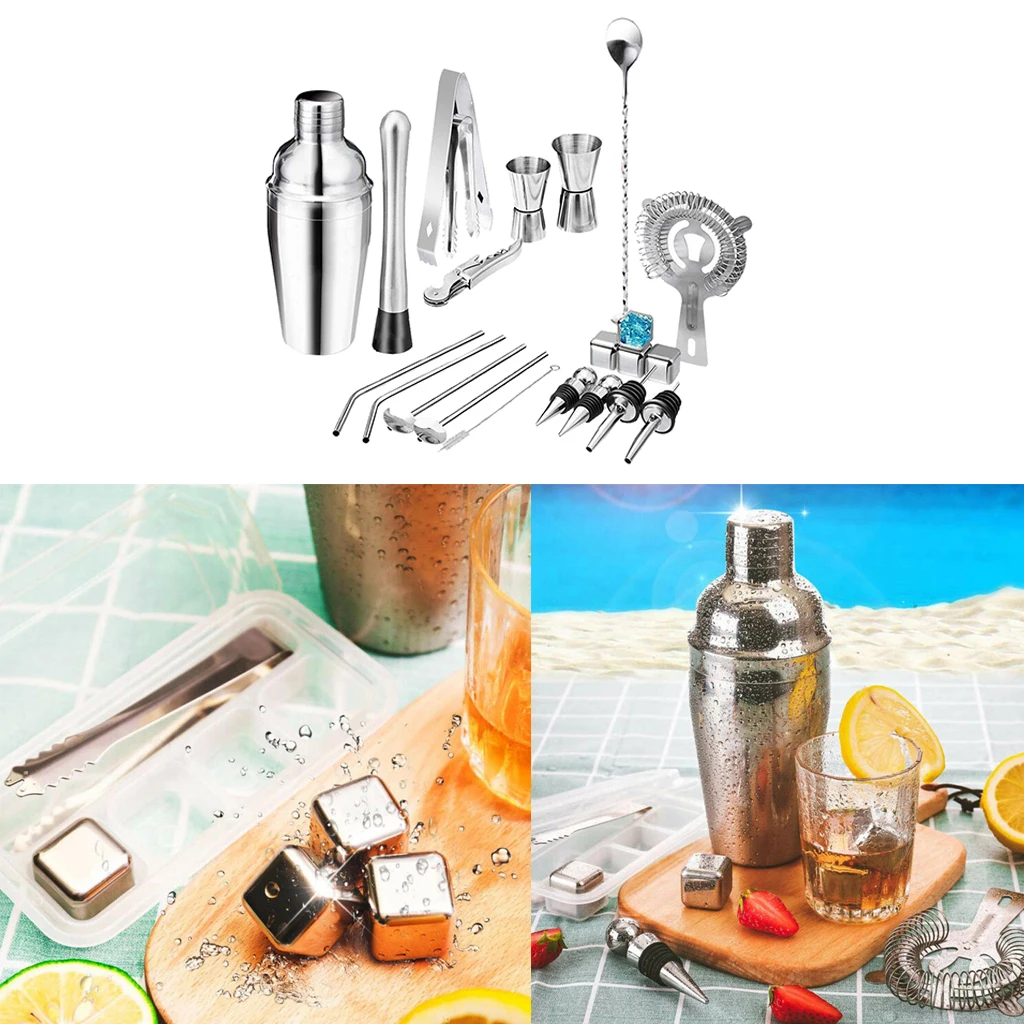 

Silver Cocktail Shaker Set Bartender Kit, Stainless Steel Martini Mixer, Muddler, Mixing Spoon, Jigger, Liquor Pourer
