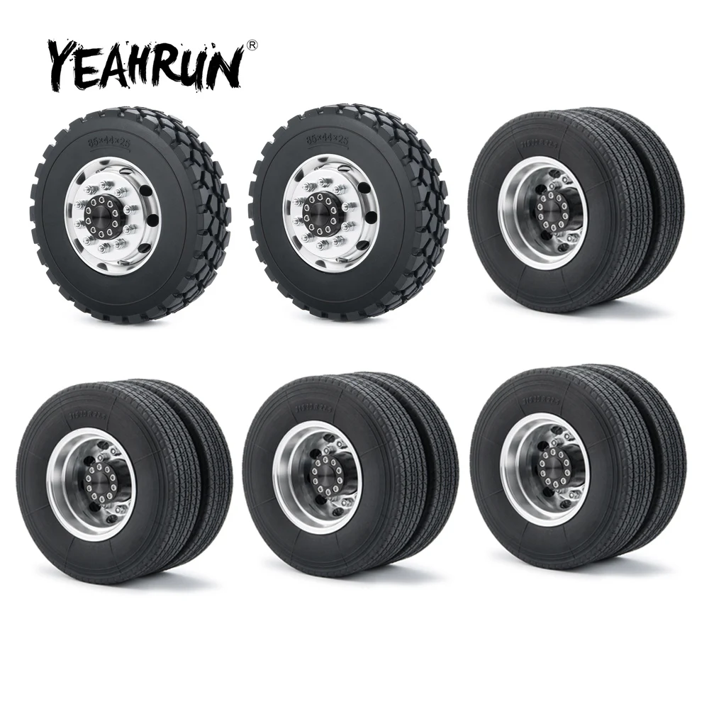 

YEAHRUN CNC Metal Alloy Front & Rear Wheel Rims + 22/25mm Rubber Tires Set for 1/14 Tamiya RC Trailer Tractor 6x6 8x8 Truck Part