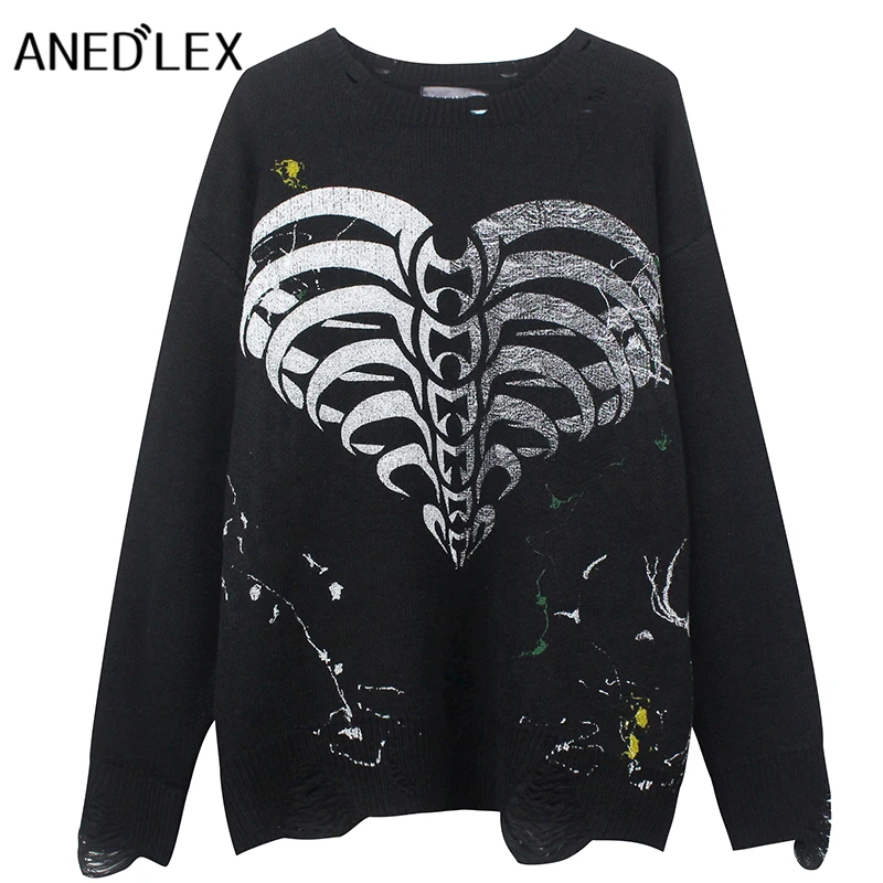 

Men Hip Hop Knitted Sweater Streetwear Retro Skull Heart Print Harajuku Pullover Autumn Cotton Casual Sweater Black Pullover
