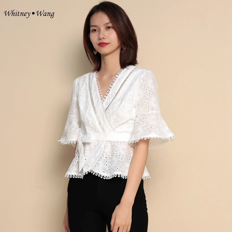 WHITNEY WANG блузки 2020 летняя модная уличная блузка с v-образным вырезом и