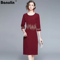 banulin fashion runway autumn casual black midi dress womens half sleeve sequins beading embroidery elegant party dress