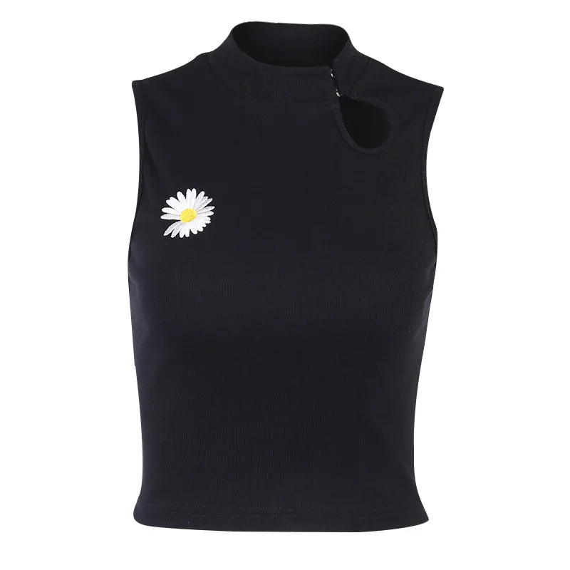 

Elegant Crop Top Sleeveless Women Summer Cropped T Shirt Daisy Embroidery Black White Tees Fashion Streetwear Hole Tops Vintage
