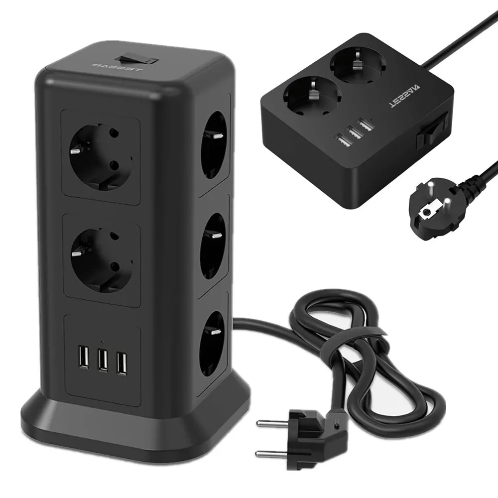 

Tower Power Strip Vertical Extender Socket EU Plug with 11 AC Outlets and 3 USB Charging Ports On/Off Switch 2m Extension Cable