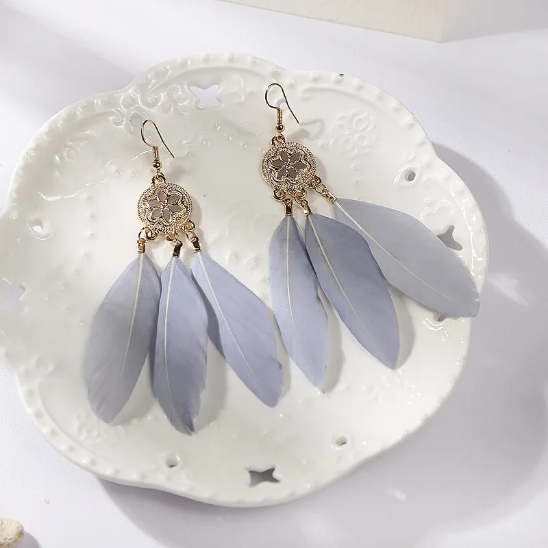 

Summer Bohemian Long Feather Dangle for Women Beach Chain Tassel Wedding Bride Jewelry Oorbellen Hangers Earrings Trendy 2021