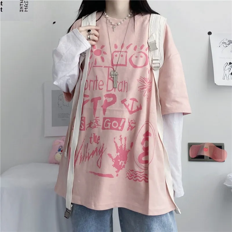 

Early Autumn Korean Version Ins Japanese Alphabet Graffiti Printing Stitching Fake Two Loose Long-Sleeve T-Shirts For Female New