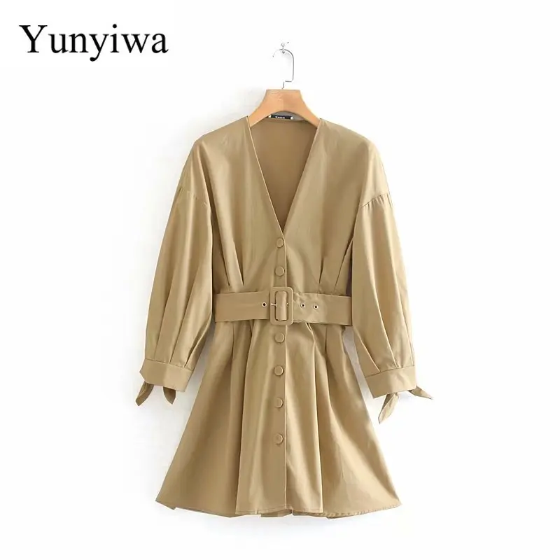 Женское однобортное платье с поясом однотонное Повседневное v образным вырезом и