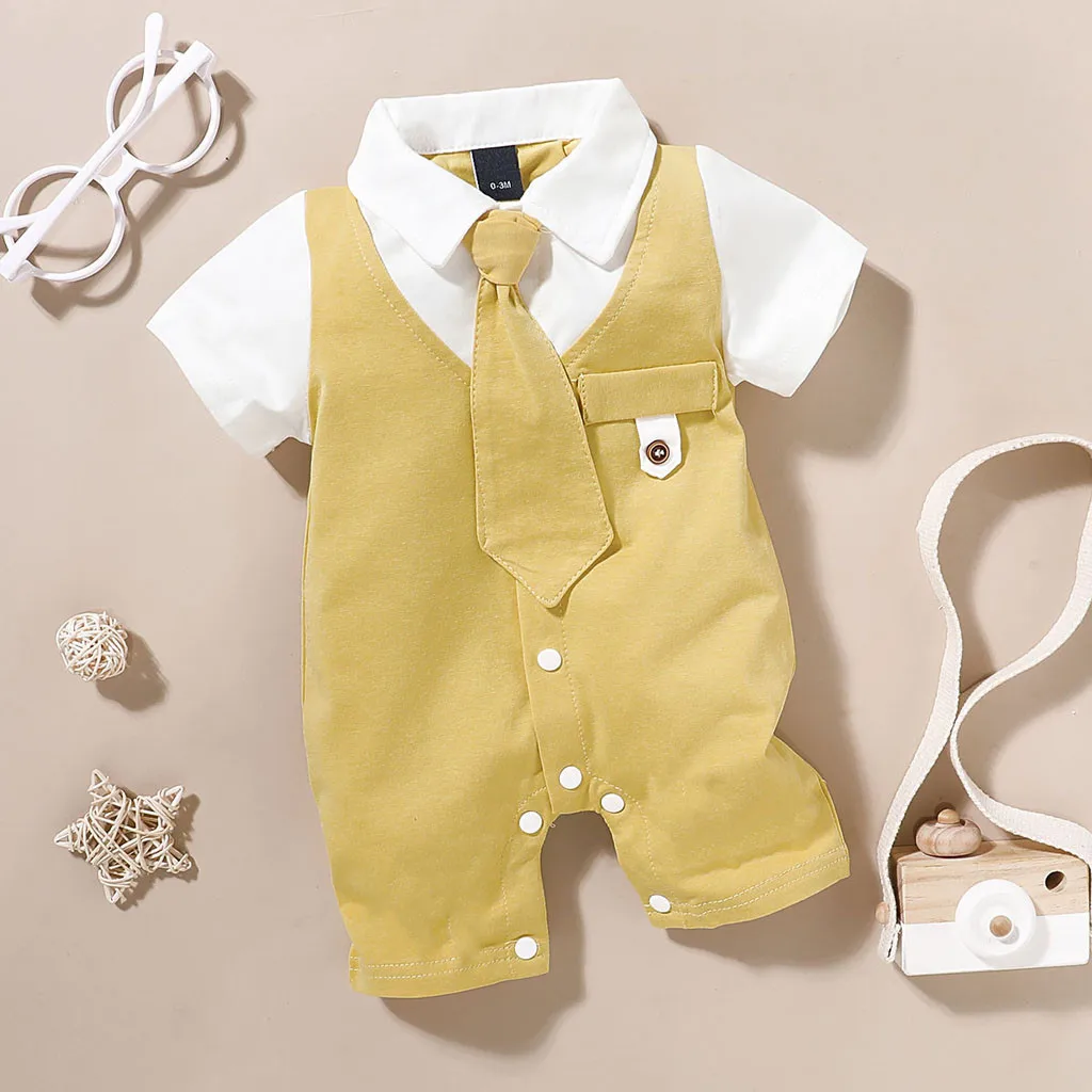 Newborn Infant Baby Boys Clothes Solid Gentleman Tie Romper Jumpsuit Outfits Clothing Short Sleeve T-shirt #C |