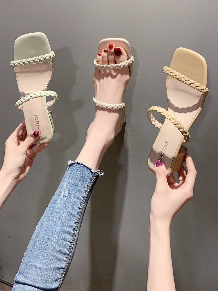 

High Heel Sandal for Women 2021 Summer All-Match Med Female Shoe Buckle Strap High-heeled Medium Comfort Fashion Pearl Girls Bei