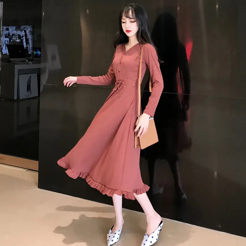 Вязаное платье осеннее для женщин новинка 2019 облегающее тонкое зимнее с длинным