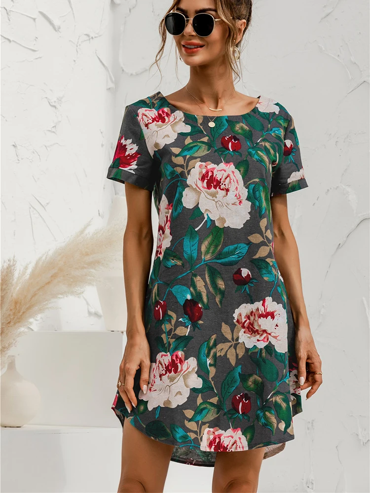 

Plus Size Women Boho Floral Casual Baggy Tunic Imitate Cotton And Linen Two Irregular Large Dress Summer Loose Beach Sundress