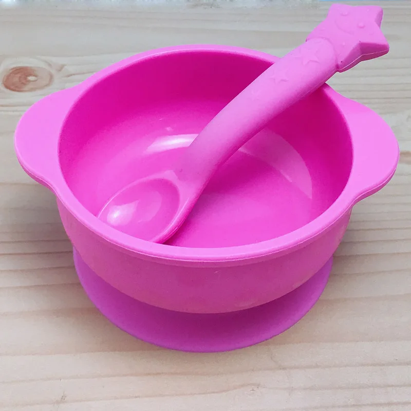 Pink with Spoon Тарелка для детей с силиконовая детская чаша всасывания BPA бесплатное Кормление детская посуда детские обеденные блюда - Цвет: Pink with Spoon