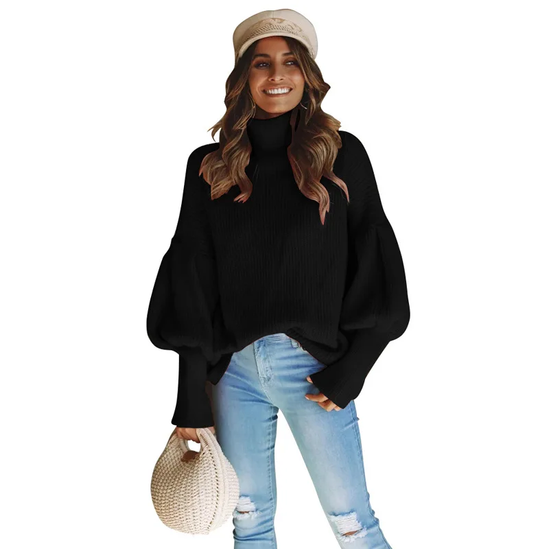 

European And American Cross-border Hot Style Ebay Four-color Turtleneck Lantern Sleeve Pullover New Source Women's Sweater