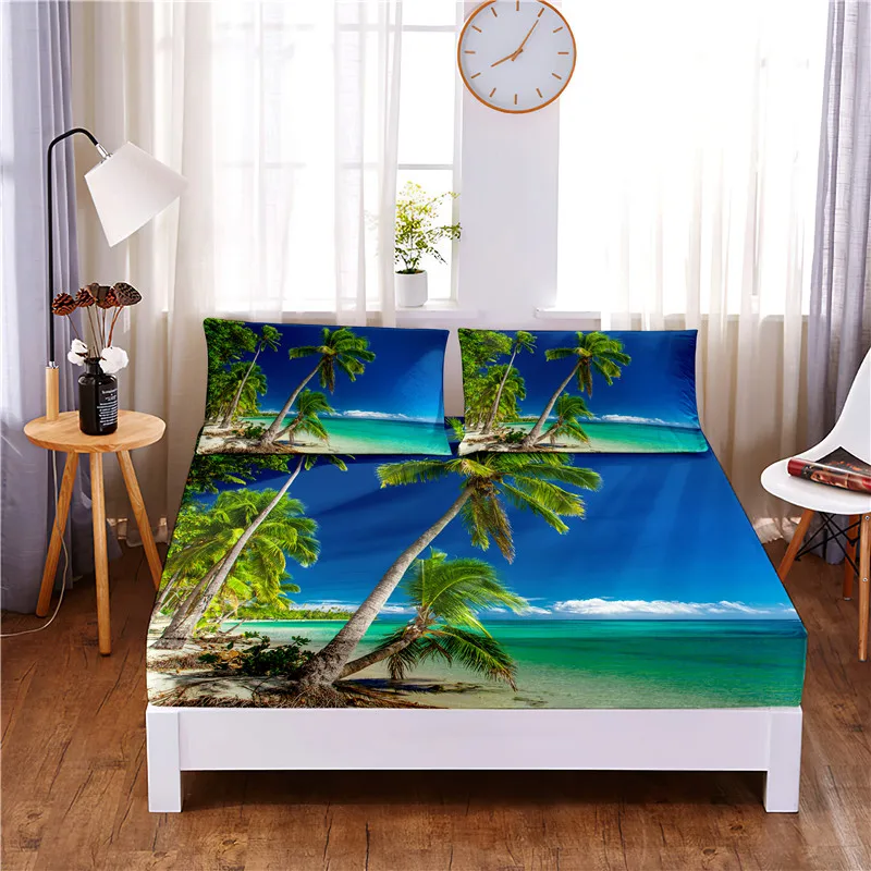 

Coconut Tree Digital Printed 3pc Polyester Fitted Sheet Mattress Cover Four Corners with Elastic Band Bed Sheet Pillowcases