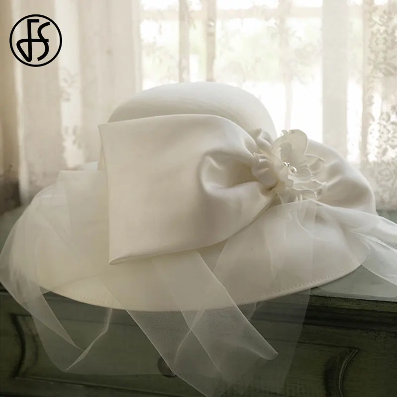 FS Autumn Winter White Flower Mesh Hat Fedoras Big Brim Hats For Women British Style Church Hats Lady Derby White Cloche Cap