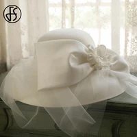 fs autumn winter white flower mesh hat fedoras big brim hats for women british style church hats lady derby white cloche cap