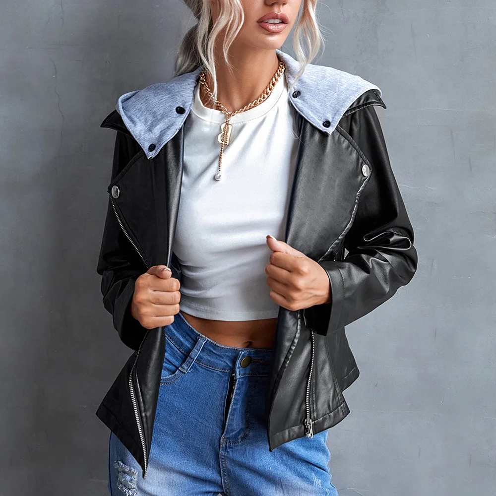 

2021 Fashion Women Trench New Autumn Casual Hot Sale Hooded Collar Detachable Side Zipper PU Jacket Jacket Trench Women