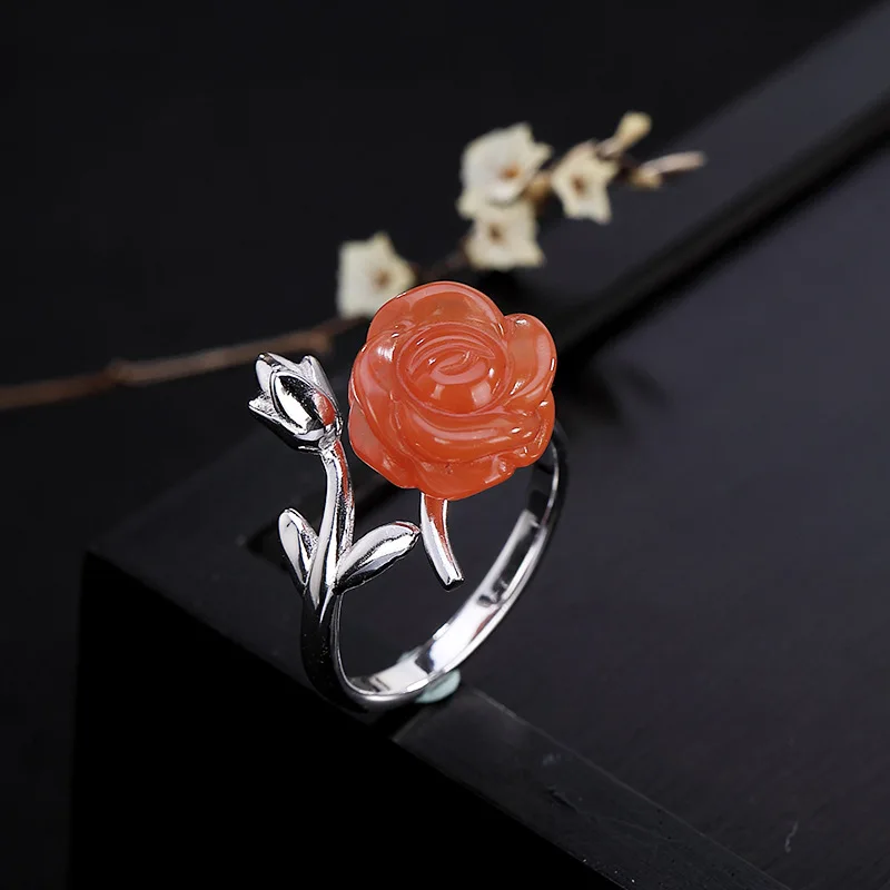 

MIQIAO Rose Flower Ring With Stone Natural Red Agate Silver 925 Adjustable Female Fashion Gift For Mom Accesories For Women