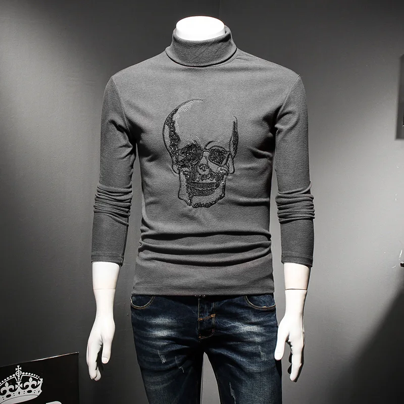 

Autumn Winter Turtleneck Fawn Skull Embroidery Men T-Shirts Long Sleeve T Shirt With Collar Plus Size M- 5XL #81840