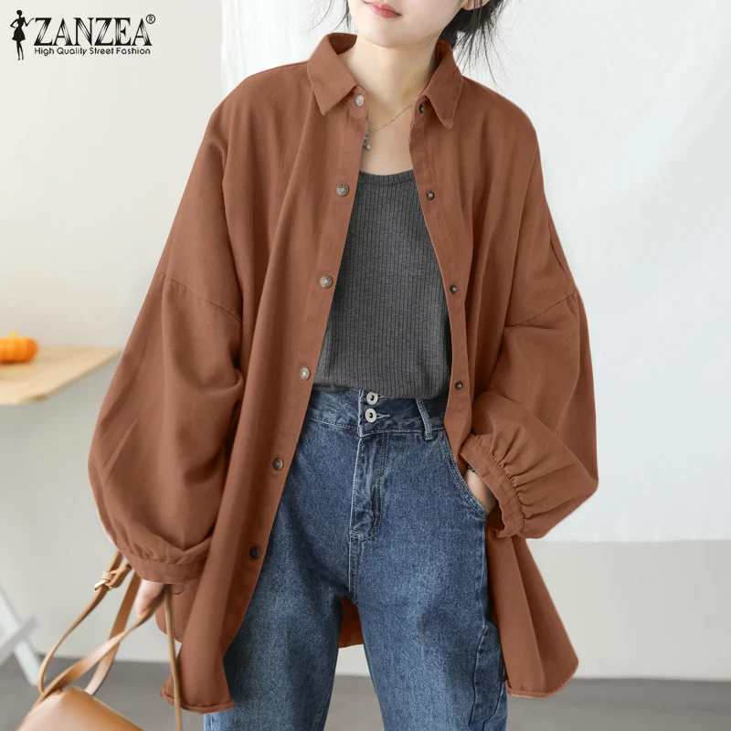 

Женские рубашки сезона весна-осень 2021 года в стиле Харадзюку ZANZEA, Длинные Топы в стиле ретро с пышными рукавами, повседневные однотонные сво...