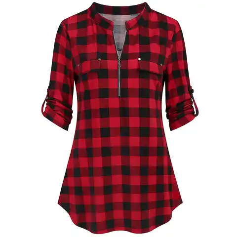 Women blouses Casual Half Sleeve Lattice Plaid Printing Zipper Shirt Stand Collar Tops Clothing chemise femme blusas y camisas