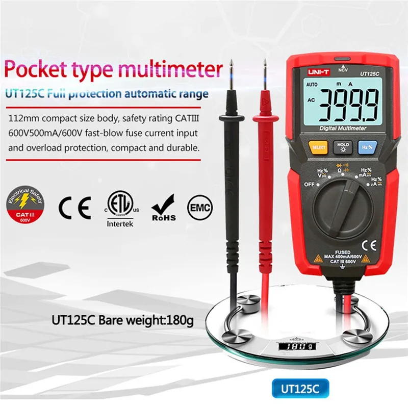 UNI-T UT125C карманный цифровой мультиметр DC/AC 400uA ~ 400mA резистор конденсатор Частота