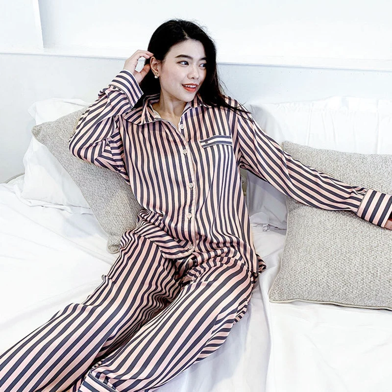 

Women's Sexy Stripes Pajamas Autumn and Winter Pajama Set Satin Home Night Wear Casual Clothes Silk Cardigan Long Sleeve Pjs