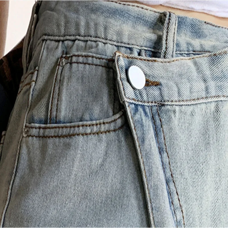 

High Waist Denim Shorts Streetwear Sexy Ripped Hollow Out Middle Pants Solid Summer Fringe Hem Loose Fifth Cents Jeans Bleached