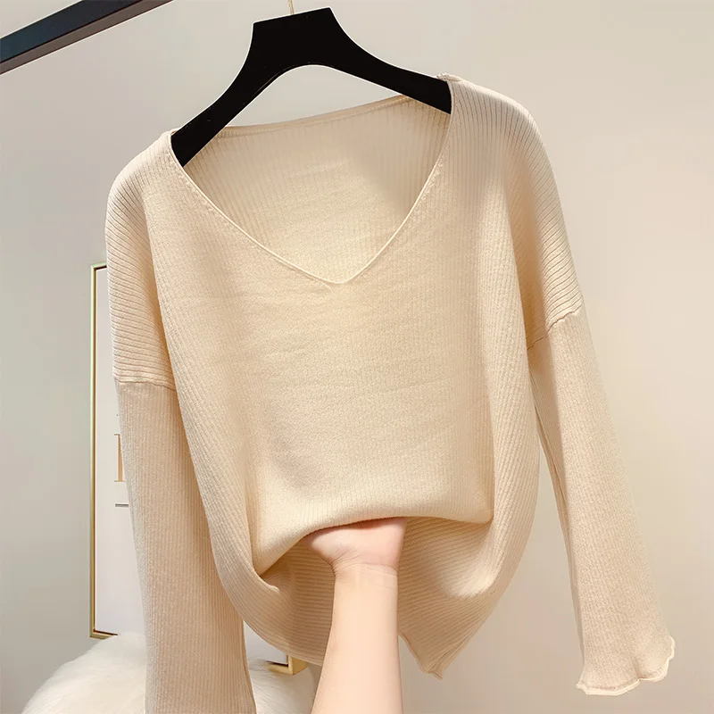 

Fashion Solid-color Sweaters Women 2019 New V-neck Long-sleeved Loose Knit Top Girl Lady Autumn Sweater Knitted Jumper Knitwear