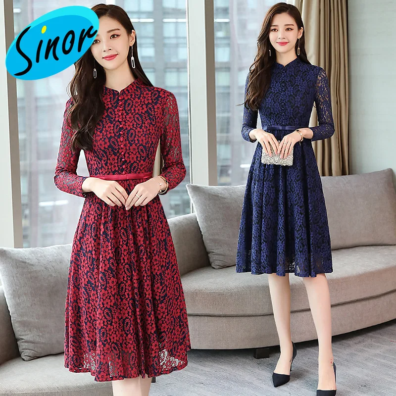 

Lace Dress Women Long Sleeve Autumn and Winter Slim Style in Korean Version Thin Priming Long Temperament A- line Dress