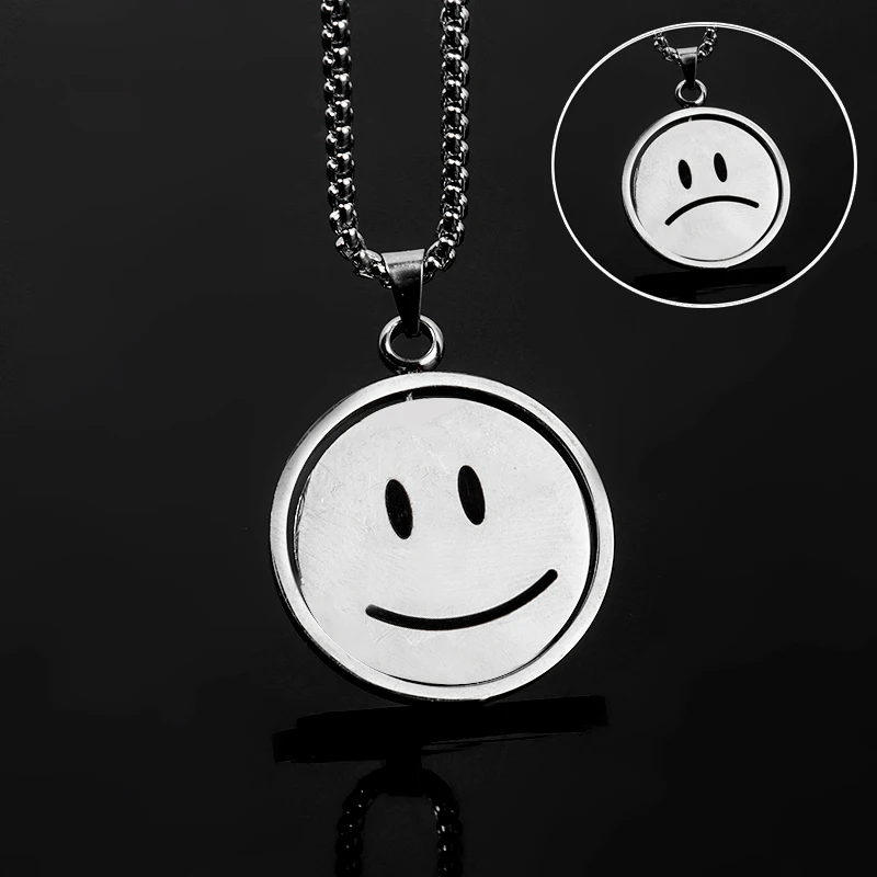 

New Fashion Stainless Steel Rotating Smiling Face Necklace Couple Double Face Charms Pendant For Women Kpop Necklace Pendant