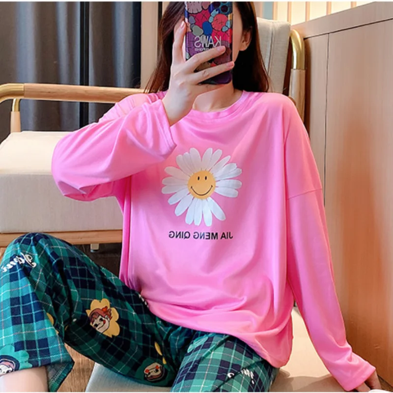 2 Pieces Set Soft Autumn Summer Women Pajamas Sets Minne Mouse Printed Sleepwear Tops and Pants Female Leisure Nightwear Suit