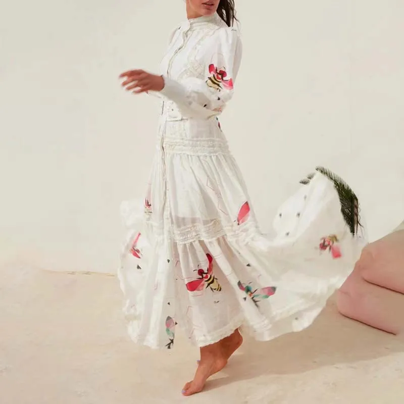 

Floral Printed Runway Dress Women Long Lantern Sleeve High Waist with Belt Colorblock Maxi Dresses Female 2021 Autumn French Sty