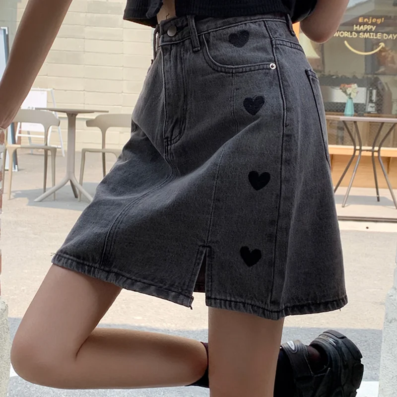 

ZAWAHIKI Korean Fashion Casual Heart Embroidery Denim Skirts Women Summer 2021 High Waist Split Fork Design A-line Mini Skirts