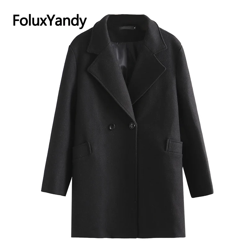 

2021 New Winter Coats Plus Size Women Blazer Double Breasted Casual Loose Long Wool Blazer Black Gray Outerwear KKFY5779