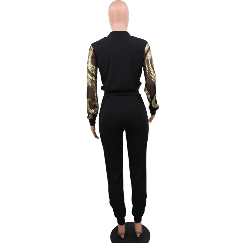 

Sparkly Sequin Patchwork 2 Piece Sweatsuits Women Zipper Up Full Sleeve Jacket + Long Pant Autumn Winter Two Piece Matching Set