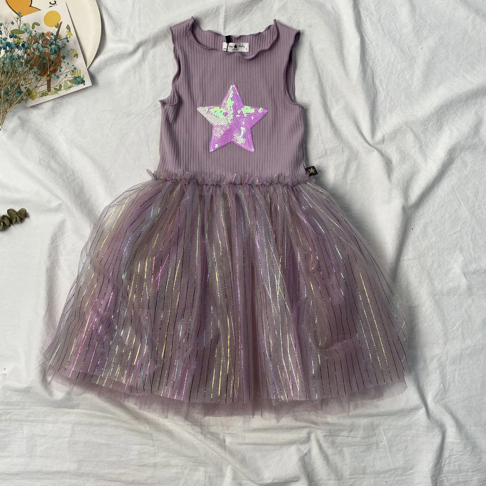 

PH Girls' Dresses 2021 Spring/Summer New Products Baby Solid Color Stars Sequined Fairy Skirt Princess Dress