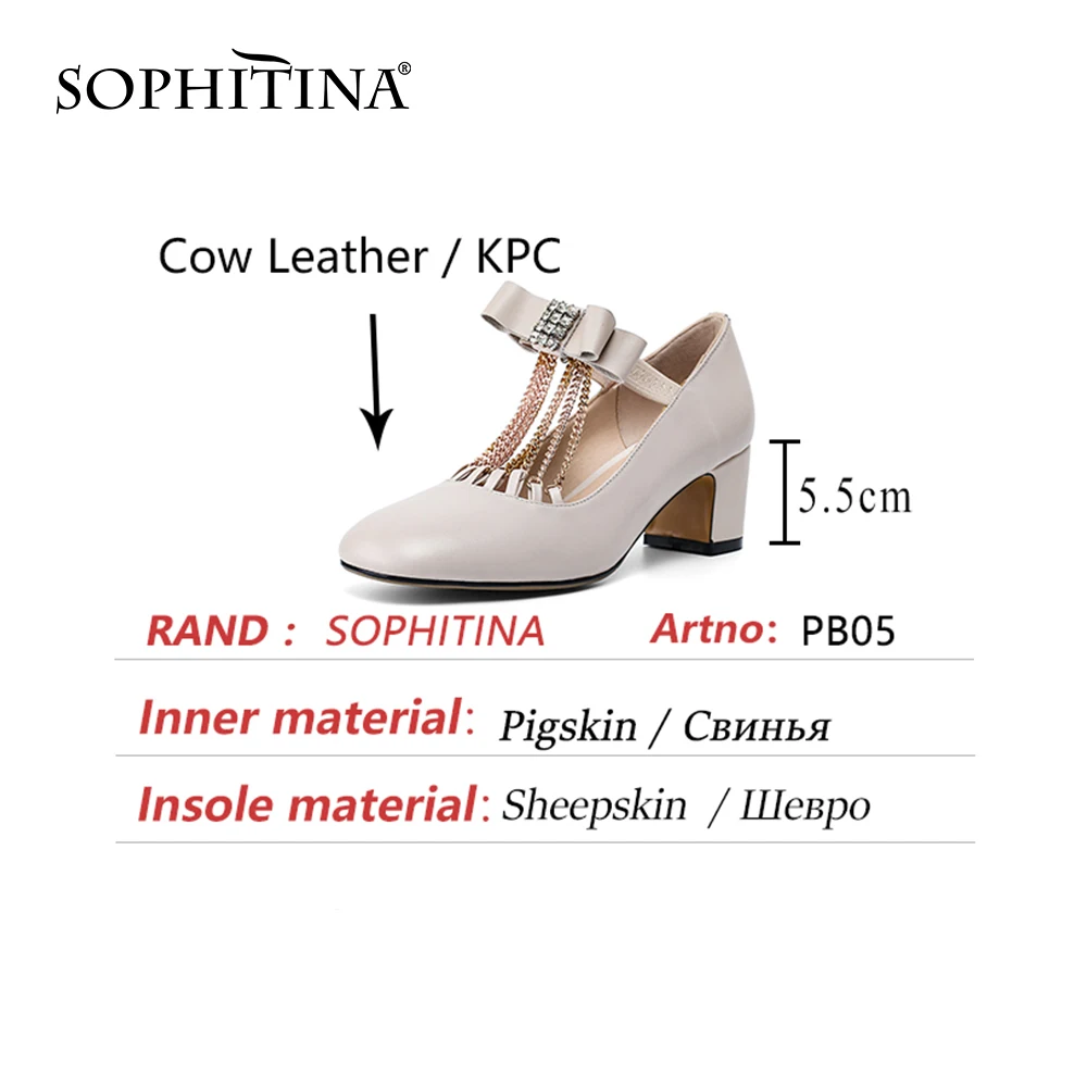 

SOPHITINA Pumps Woman Mary Janes Crystal Chain Butterfly-knot T-strap Elastic Band High Square Heel Lady Shoes PB05