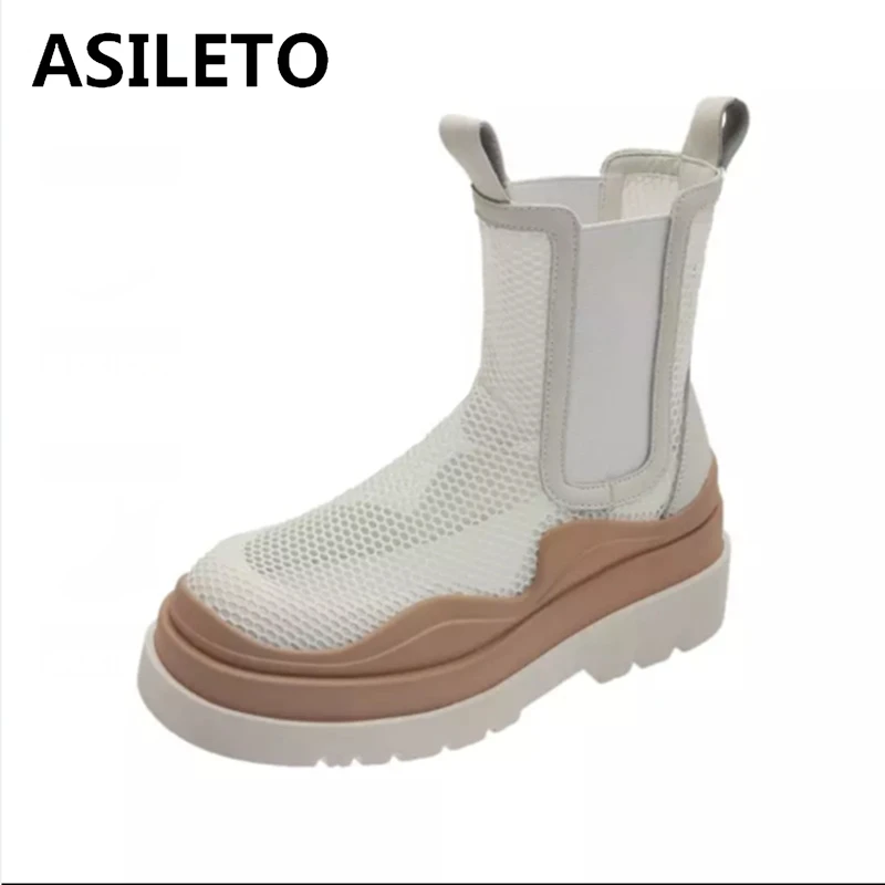 

ASILETO 2021 Summer Ladies Cool Ankle Boots Cut Outs Round Toe Mesh Platforms 6cm Square Heel US8 9 White Black Green A4373