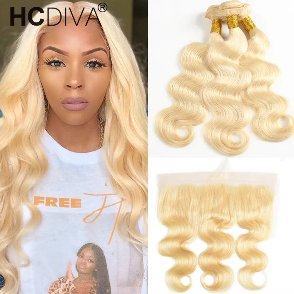 

613 Blonde Bundles With Frontal Peruvian Body Wave 3 Bundles With Closure Remy Human Hair 13x4 Lace Frontal Closure With Bundle