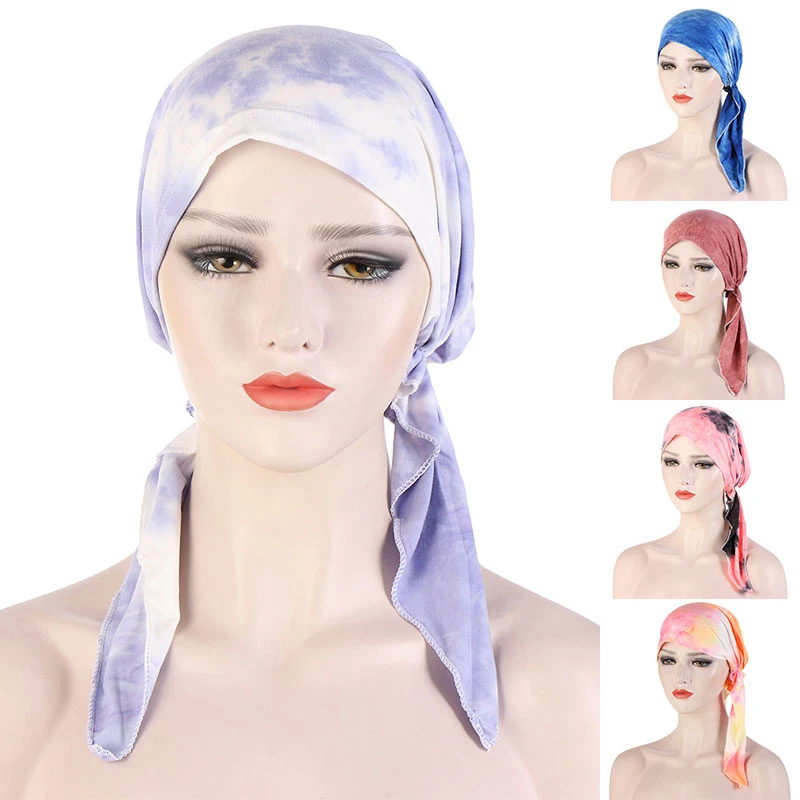 

2021 Summer Style Curved Floral Fabric Two-tail Tie-dye Turban Hat Muslim Fashion Lady Simple Turban Hijab Chemotherapy Turban