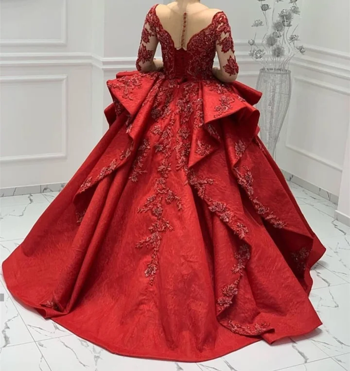 Роскошное арабское муслиновое красное свадебное платье с длинным рукавом